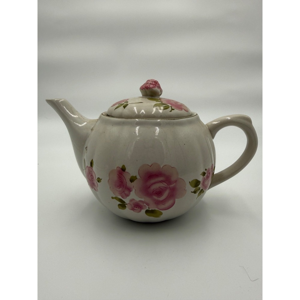 Vtg Gibson Roseland Teapot Round Cabbage Roses Pink Ceramic Tea Pot White Perky